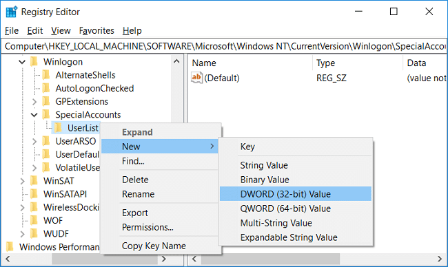 Right-click on UserList then select New then click on DWORD (32-bit) Value