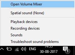 คลิกขวาที่ไอคอน Volume และเลือก Open Volume Mixer