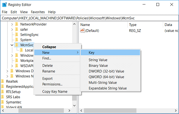 Right-click on WcmSvc then select New and Key