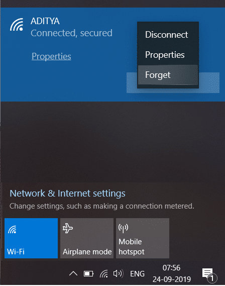 Right-click on Wi-Fi then select Forget