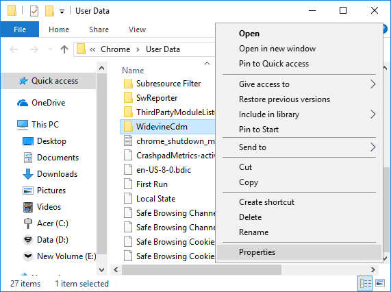 Right-click on WidevineCdm folder and select Properties