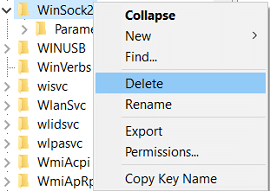 Right-click on WinSock2 then select Delete