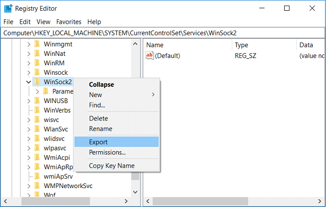 Right-click on WinSock2 then select Export | Fix Windows sockets registry entries required for network connectivity are missing