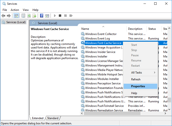 Right-click on Window Font Cache Service then select Properties