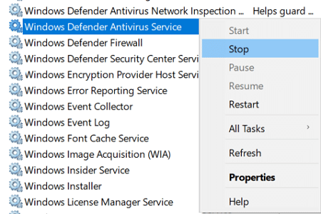 Щелкните правой кнопкой мыши антивирусную службу Защитника Windows и выберите «Остановить».