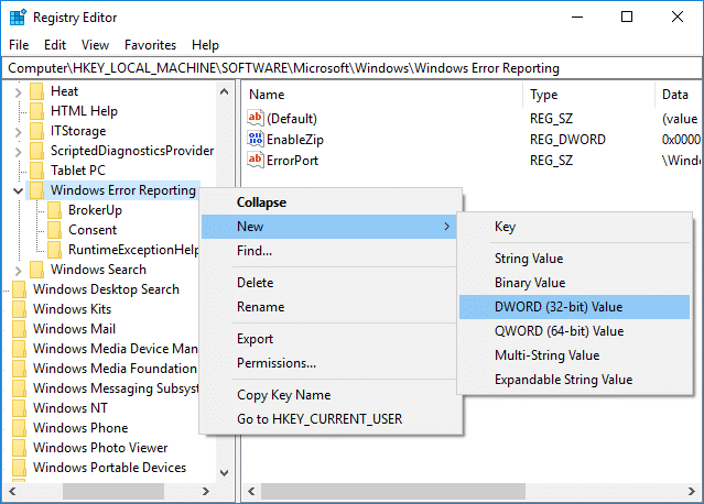Right-click on Windows Error Reporting then select New then DWORD (32-bit) Value