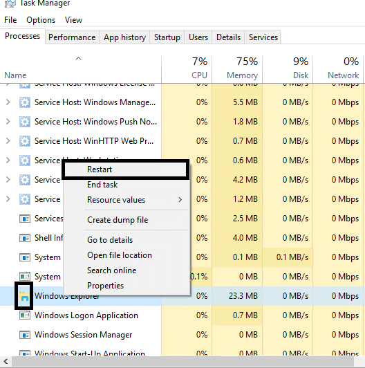 Right-click on Windows Explorer and select Restart | Fix Alt+Tab Not Working