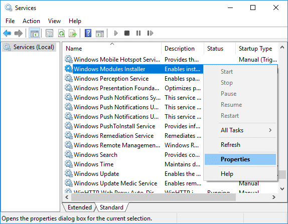 Щелкните правой кнопкой мыши службу «Установщик модулей Windows» и выберите «Свойства».