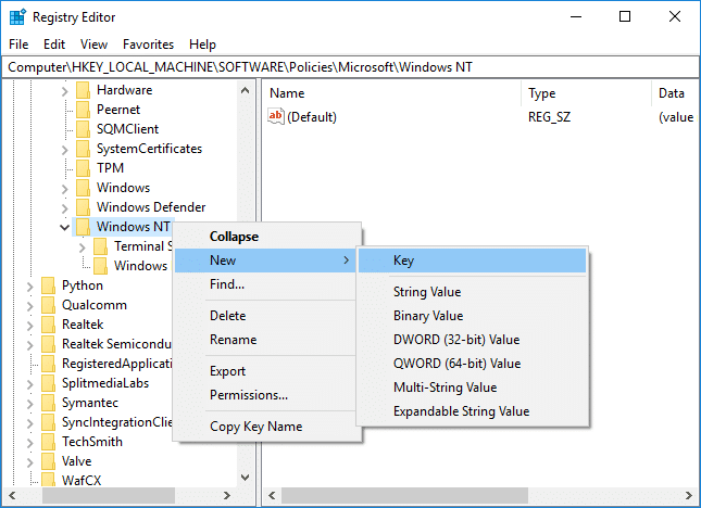 Right-click on Windows NT then select New then Key