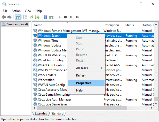 Right-click on Windows Search service then select Properties