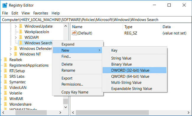 Right-click on Windows Search then select New and DWORD (32-bit) Value