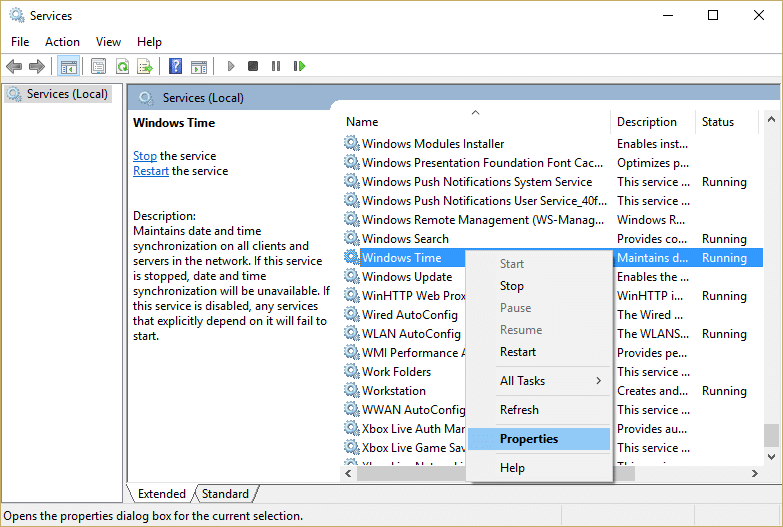 Right-click on Windows Time Service and select Properties