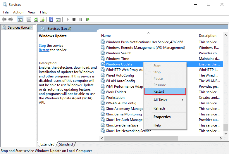 Right-click on Windows Update Service and select Restart | Fix Windows 10 Update Error 0x80070422