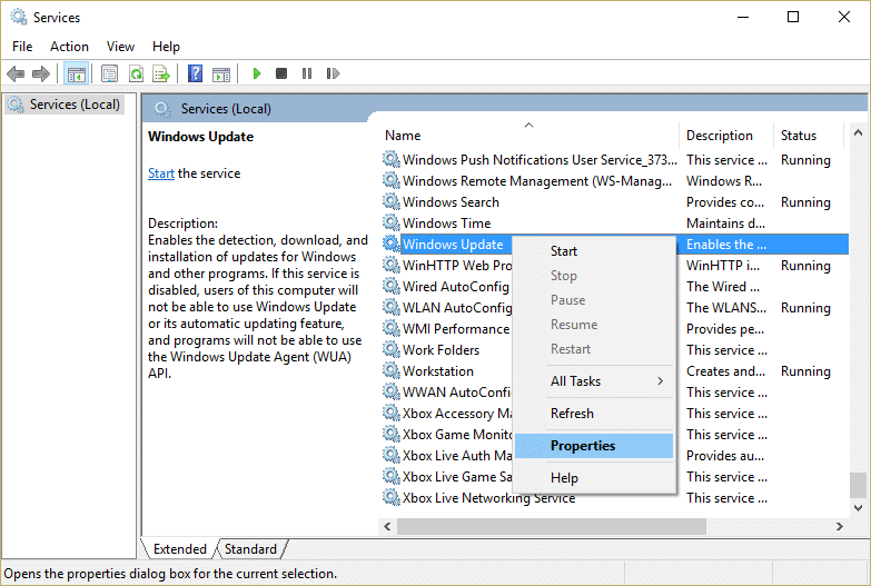 Right click on Windows Update service and select Properties in Service window