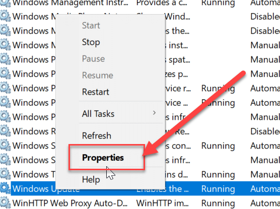 Right-click on Windows Updates and select Properties from the context menu