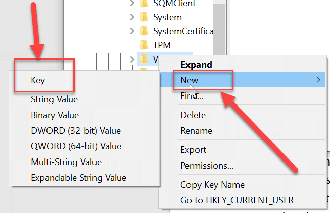 Right-click on Windows and select New then choose Key from the options.