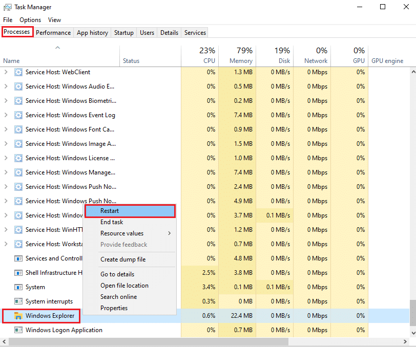 Desnom tipkom miša kliknite Windows Explorer i odaberite restart | Popravite Windows 10 gumb za pokretanje koji ne radi