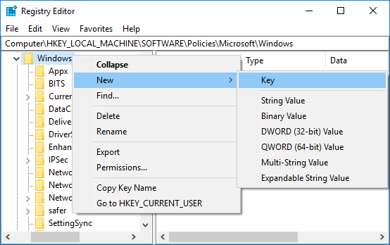 Right-click on Windows then select New then Key. Name this new key as AppCompat and hit Enter
