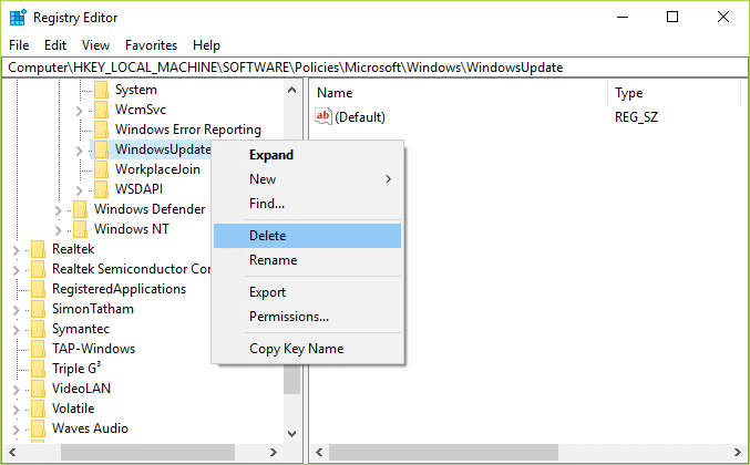 Щелкните правой кнопкой мыши ключ WindowsUpdate и выберите «Удалить | Исправить некоторые файлы обновлений не подписаны правильно