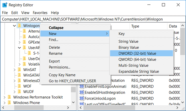 Right-click on Winlogon then select New and then click DWORD (32-bit) value