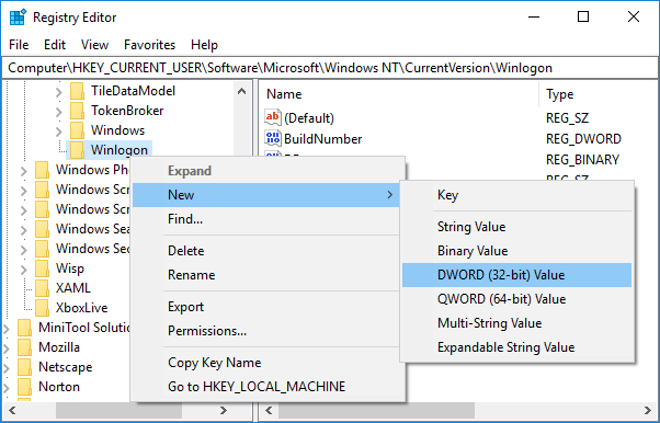 Right-click on Winlogon then select New then select DWORD (32-bit) Value