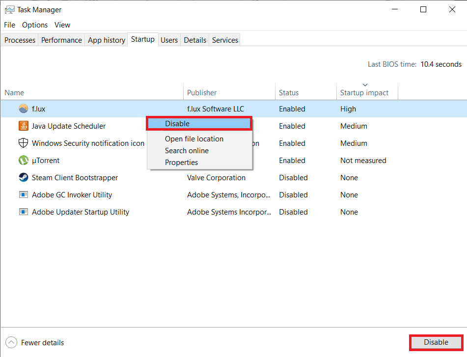 Ar peles labo pogu noklikšķiniet uz lietojumprogrammas un atlasiet Atspējot | Labojiet lēnā labā klikšķa konteksta izvēlni operētājsistēmā Windows 10