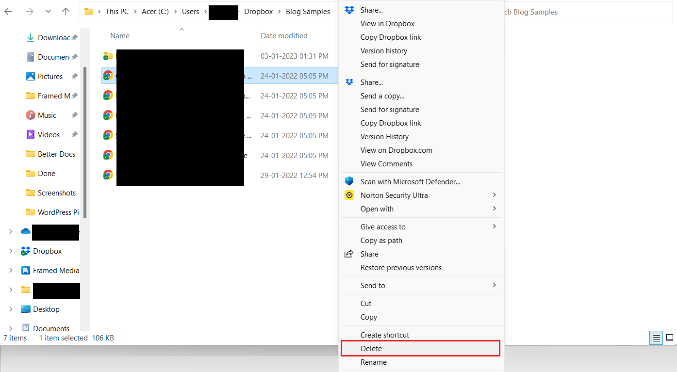 Right-click on desired Dropbox file or folder - Click on Delete from the context menu