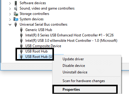 Haga clic derecho en cada concentrador raíz USB y navegue hasta Propiedades