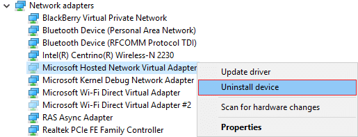 Right-click on each of the hidden Network devices and select Uninstall device