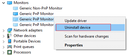 Right-click on each of the hidden devices listed under Monitors and select Uninstall Device