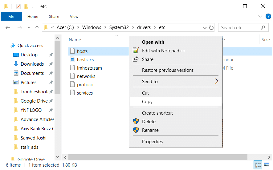 Right-click on hosts file and select Copy