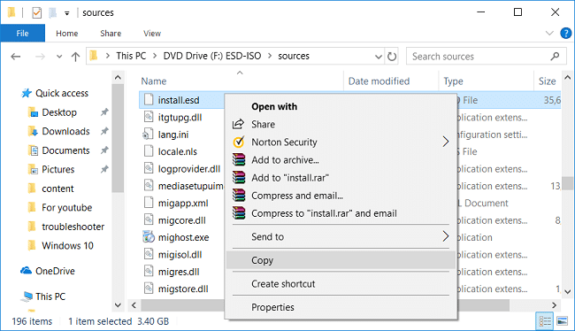Щелкните правой кнопкой мыши файл install.esd в папке источников, затем выберите «Скопировать и вставить этот файл на диск C».
