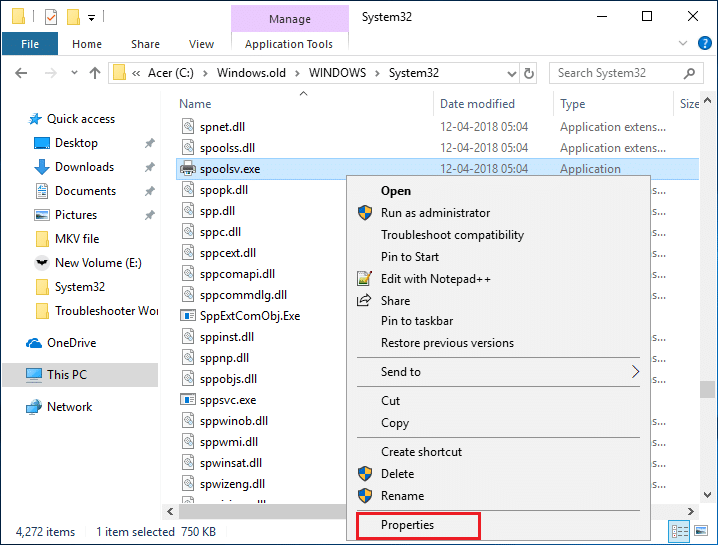 Right-click on spoolsv.exe under System32 and select Properties