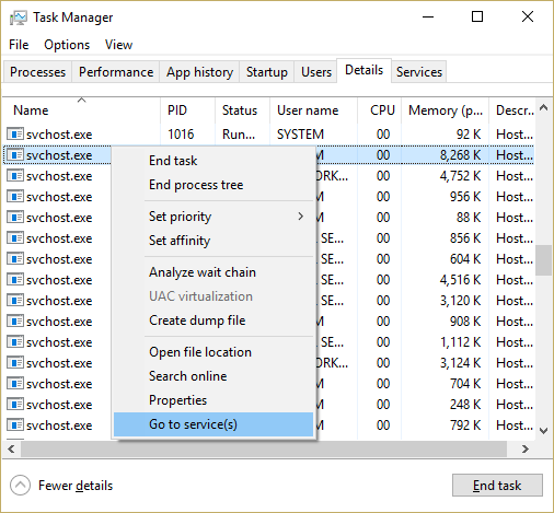 Right-click on svchost.exe which is causing high CPU usage and select Go to service(s)