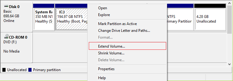 Кликнете со десното копче на системскиот диск (C) и изберете Extend Volume