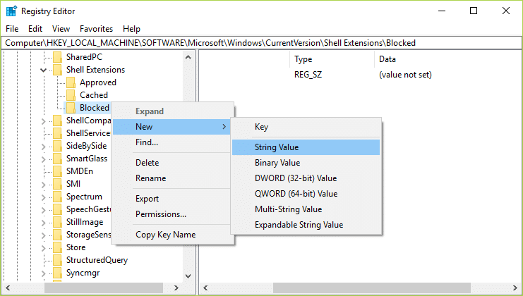 Right-click on the Blocked key then select New and then click on String Value