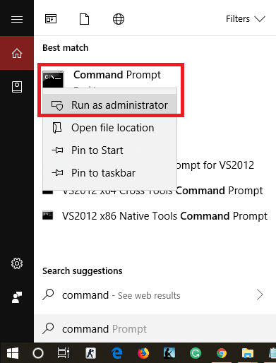 Right click on Command Prompt and select Run as Administrator