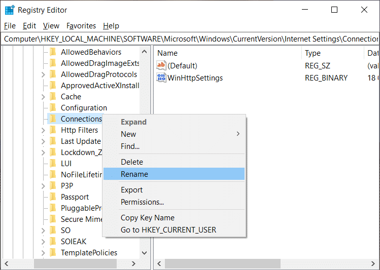 Right-click on the Connections folder and select Rename