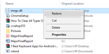 Right-click on the DLL file deleted by mistake & select Restore