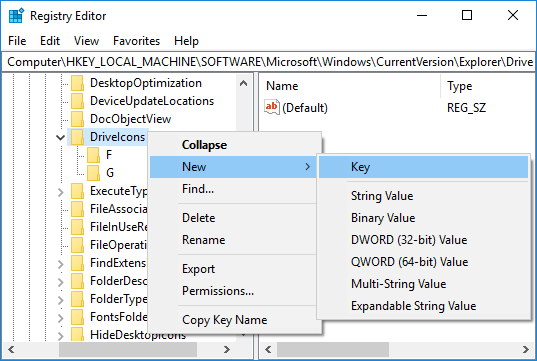Right-click on the DriveIcons key then select New then Key