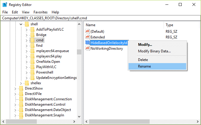 Right-click on the HideBasedOnVelocityId DWORD, and select Rename