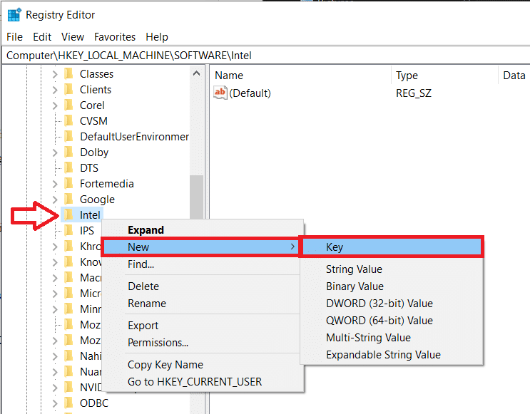 Right-click on the Intel and Select New and then Key