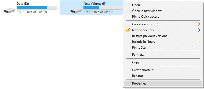 Right-click on the NTFS drive and then select Properties