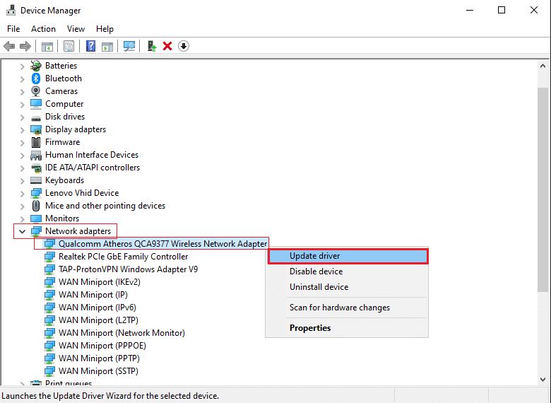 Right-click on the Network Adapter Driver and select Update Driver