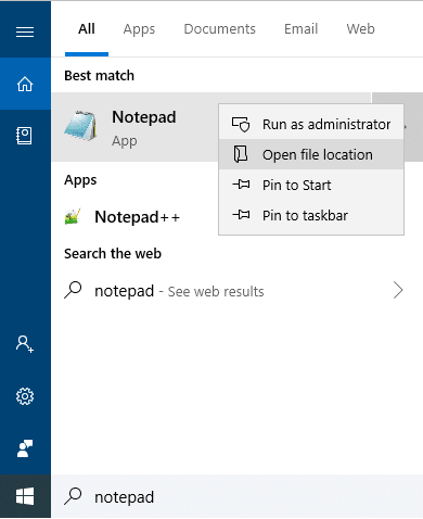 Right-click on the Notepad and choose Open file location | Where is NOTEPAD in Windows 10?