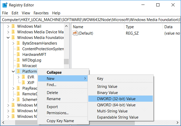 Right-click on the Platform key then select New and then choose DWORD (32-bit) value