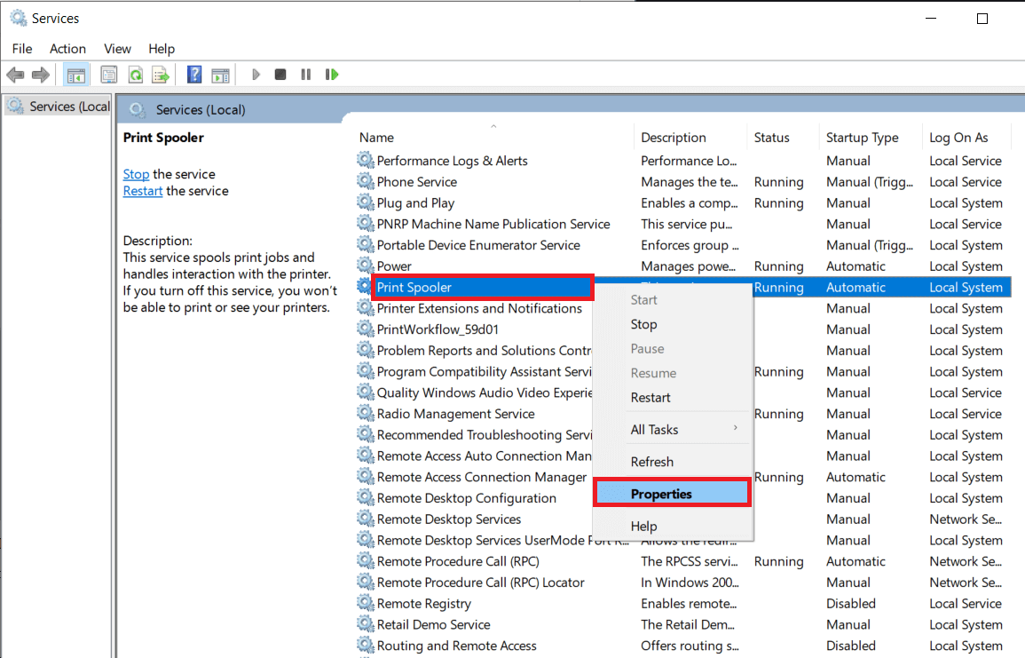 Right-click on the Print Spooler service and select Properties