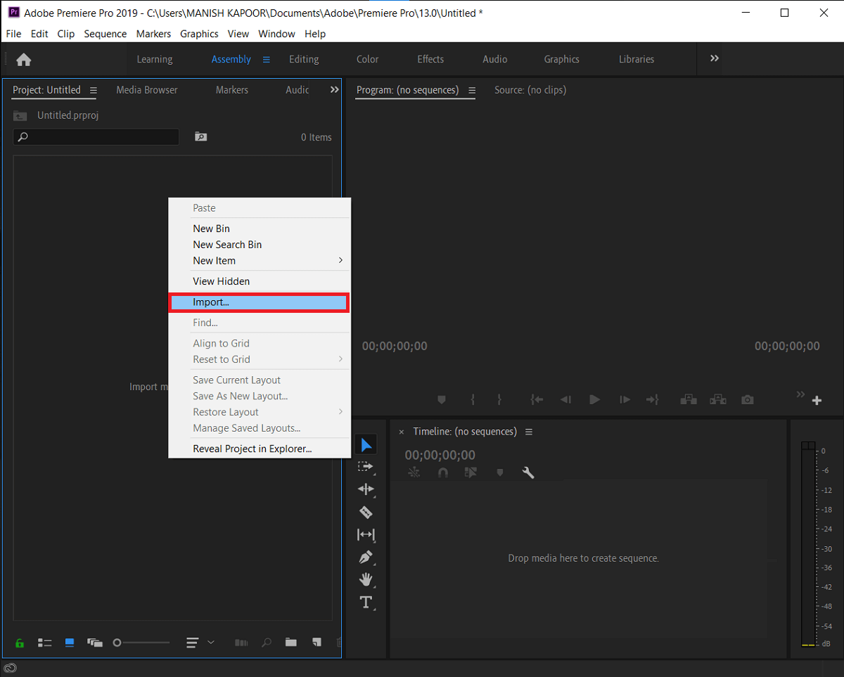 Right-click on the Project pane and select Import (Ctrl + I).