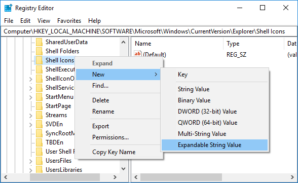 Right-click on the Shell Icons then select New then Expandable String value