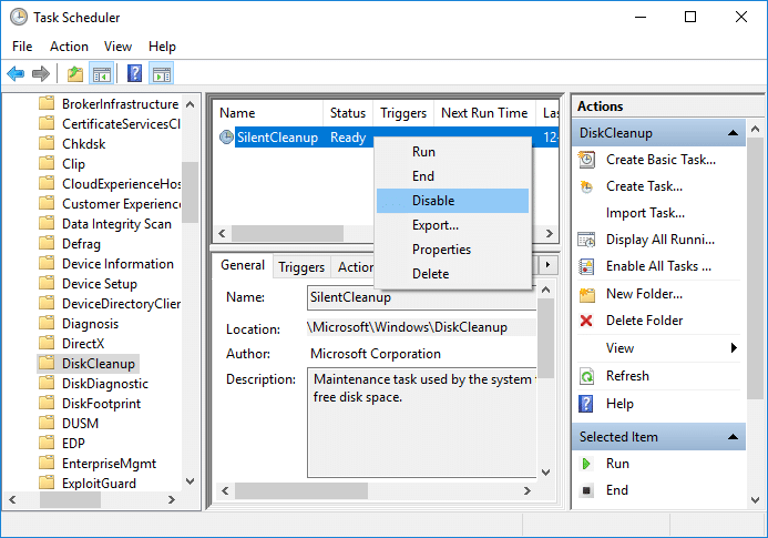 Right-click on the SilentCleanup task and select Disable